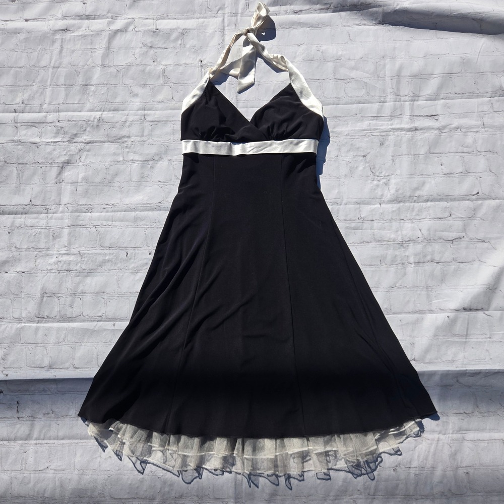 Ruby Rox Vintage Y2K Halter Dress Black White Satin Trim Tulle Hem HOCO Medium